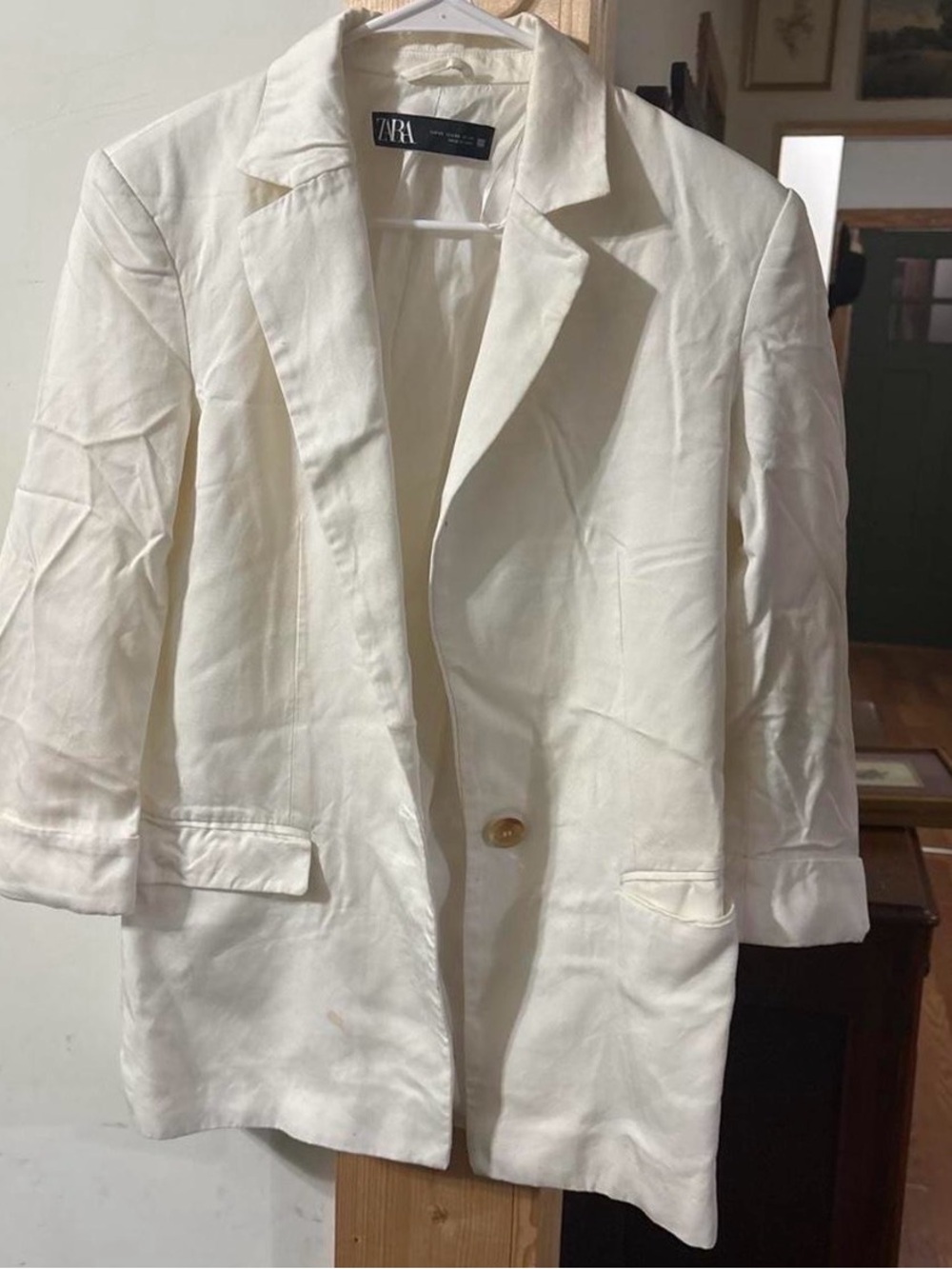 ZARA Off-White Single-Button Linen-Blend Blazer